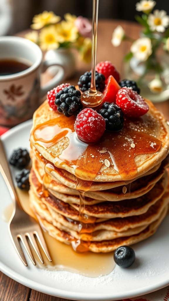 A stack of oat vegan pancakes with berries and syrup on a plate, accompanied by coffee.